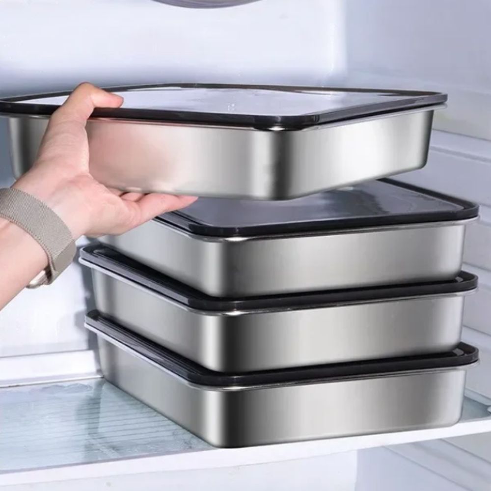 Meal Prep Menu - กล่องถนอมอาหารสแตนเลสทรงสี่เหลี่ยม ฐานไม่ติดกระทะ ถาดเก็บอาหารขนาดใหญ่ พร้อมฝาพลาสติก ถาดเตรียมอาหาร