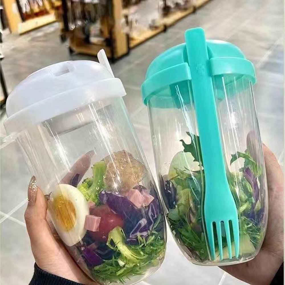 Meal Prep Jar - ขวดปั่นสลัดผักและผลไม้สดแบบพกพา1ชิ้นสีขาว/เขียวพร้อมส้อมชามสลัดที่ใส่สำหรับเบนโตะอาหารกลางวัน