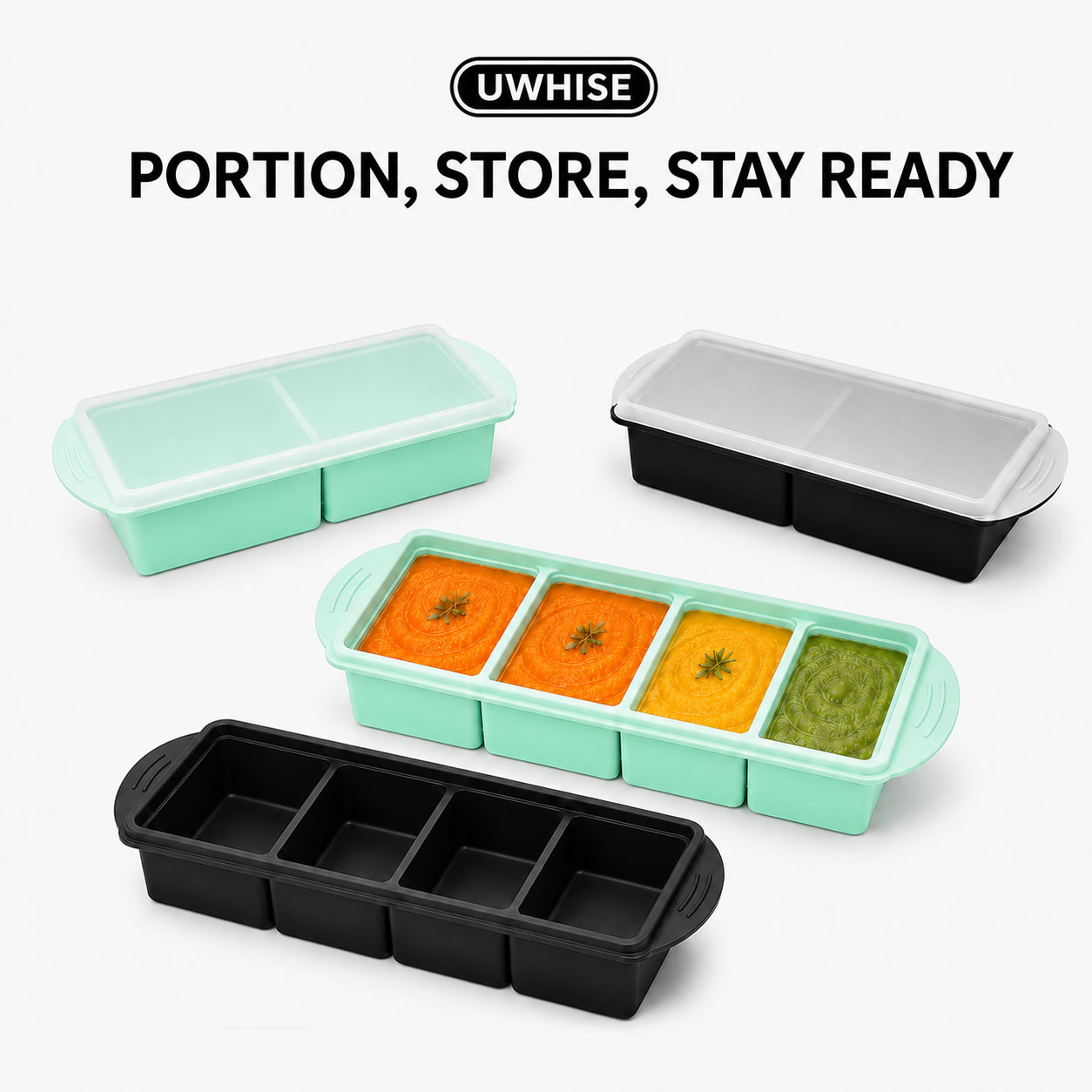 Meal Prep Menu - ถาดซิลิโคนสำหรับแช่แข็งซุป Uwhise พร้อมฝาปิด สำหรับเก็บอาหารเด็ก 2/4 ช่อง