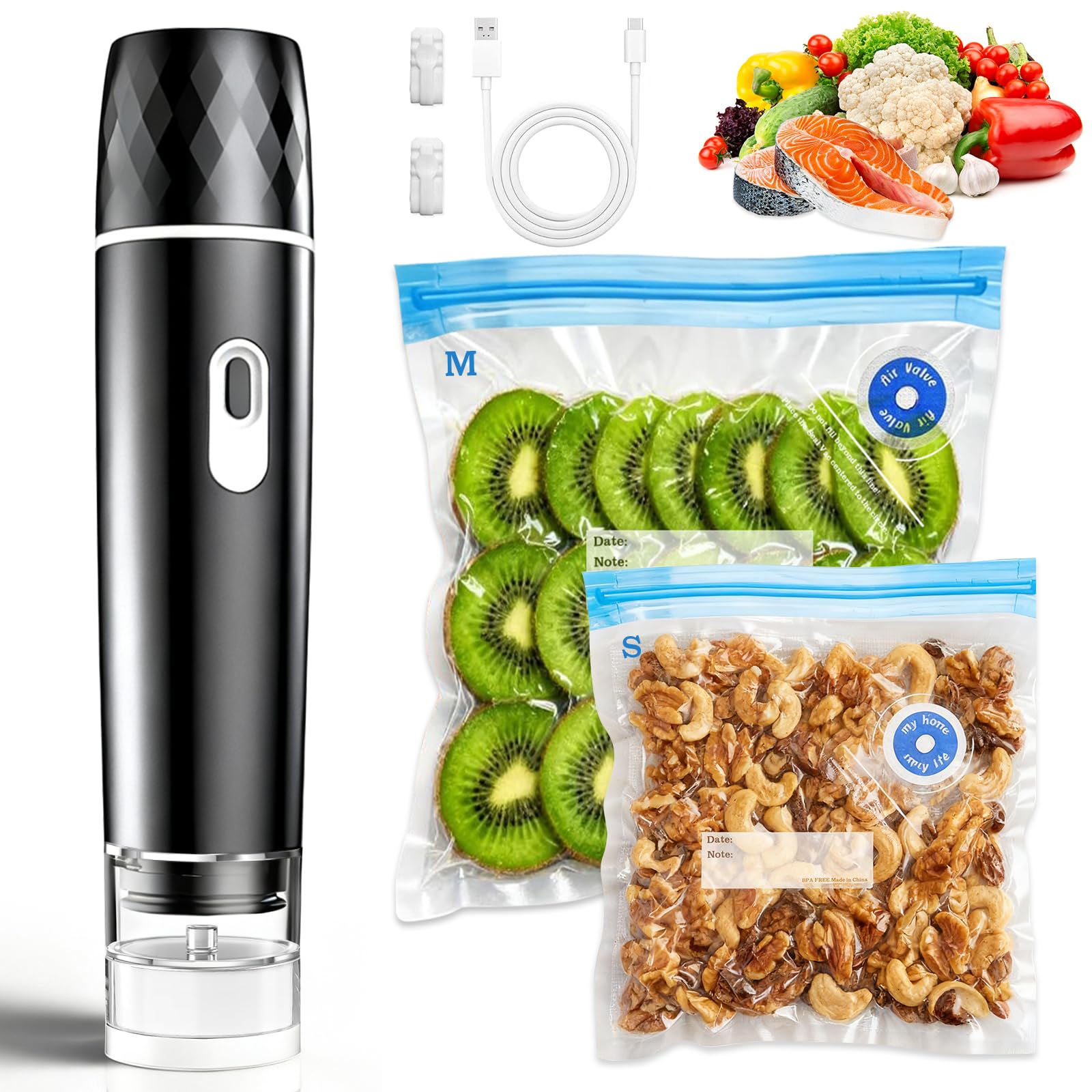 Meal Prep Vacuum Sealer - เครื่องซีลสูญญากาศอาหาร, เครื่องซีลสูญญากาศแบบมือถือแรงดูด 60KPA, ชาร์จไฟได้สำหรับการเตรียมอาหาร, การตั้งแคมป์ และการเดินทางด้วยรถบ้าน