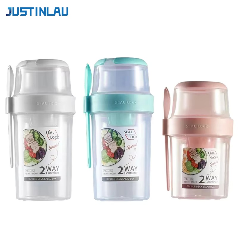 Meal Prep Jar - JUSTINLAU ถ้วยสลัดลดน้ำหนักแบบพกพา ถ้วยโยเกิร์ตผลไม้สำหรับอาหารเช้า ฝาปิดพร้อมช้อน กล่องเก็บอาหารสำหรับกิจกรรมกลางแจ้ง กล่องปิคนิค